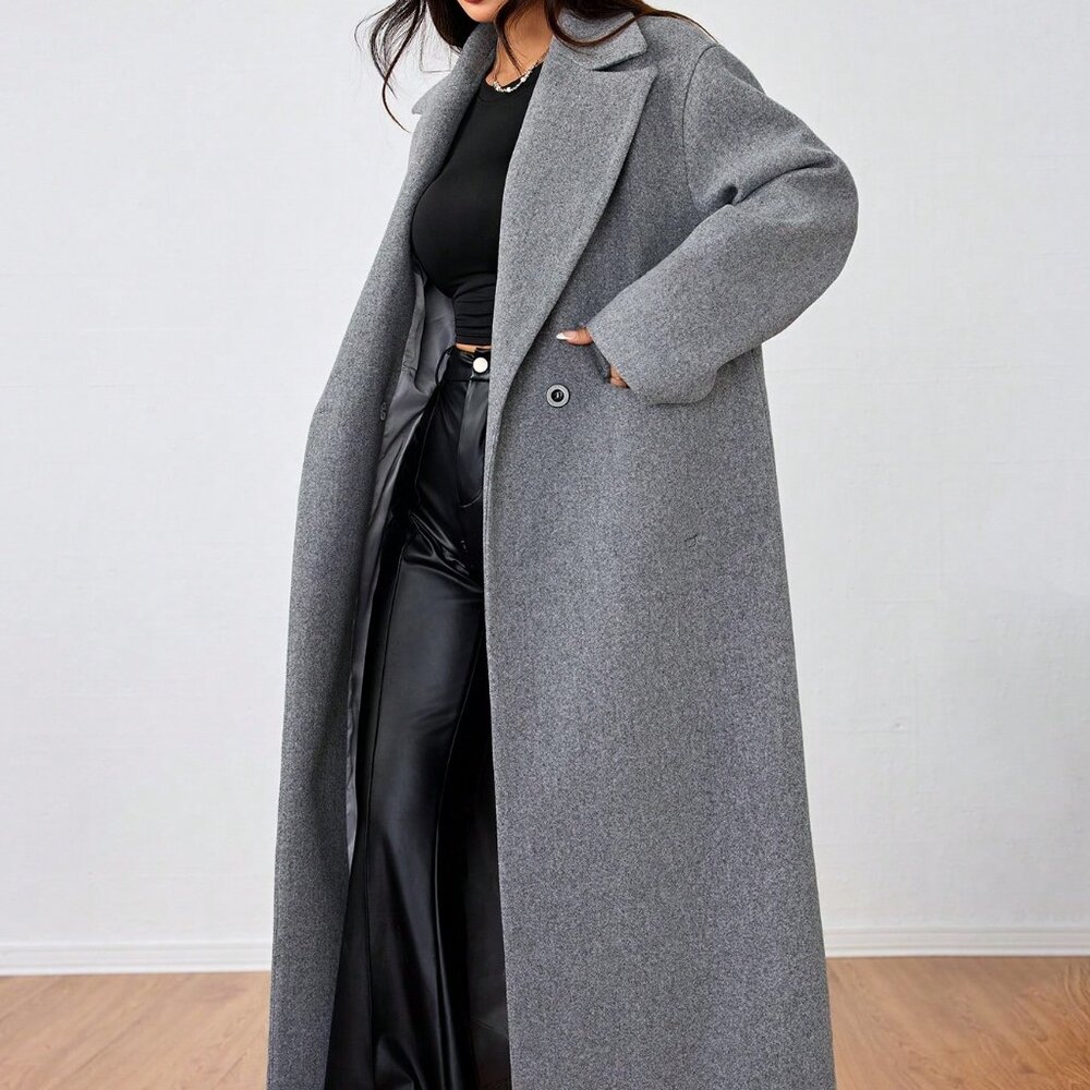 Grey Casual Women's Lapel Collar Long Sleeve Long Coat Jacket Winter Fall